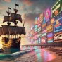 DALL·E 2025-01-27 12.29.32 - A surreal scene of a pirate ship, resembling a classic caravel, sailing toward a modern beach filled with bright neon advertising billboards. The beac